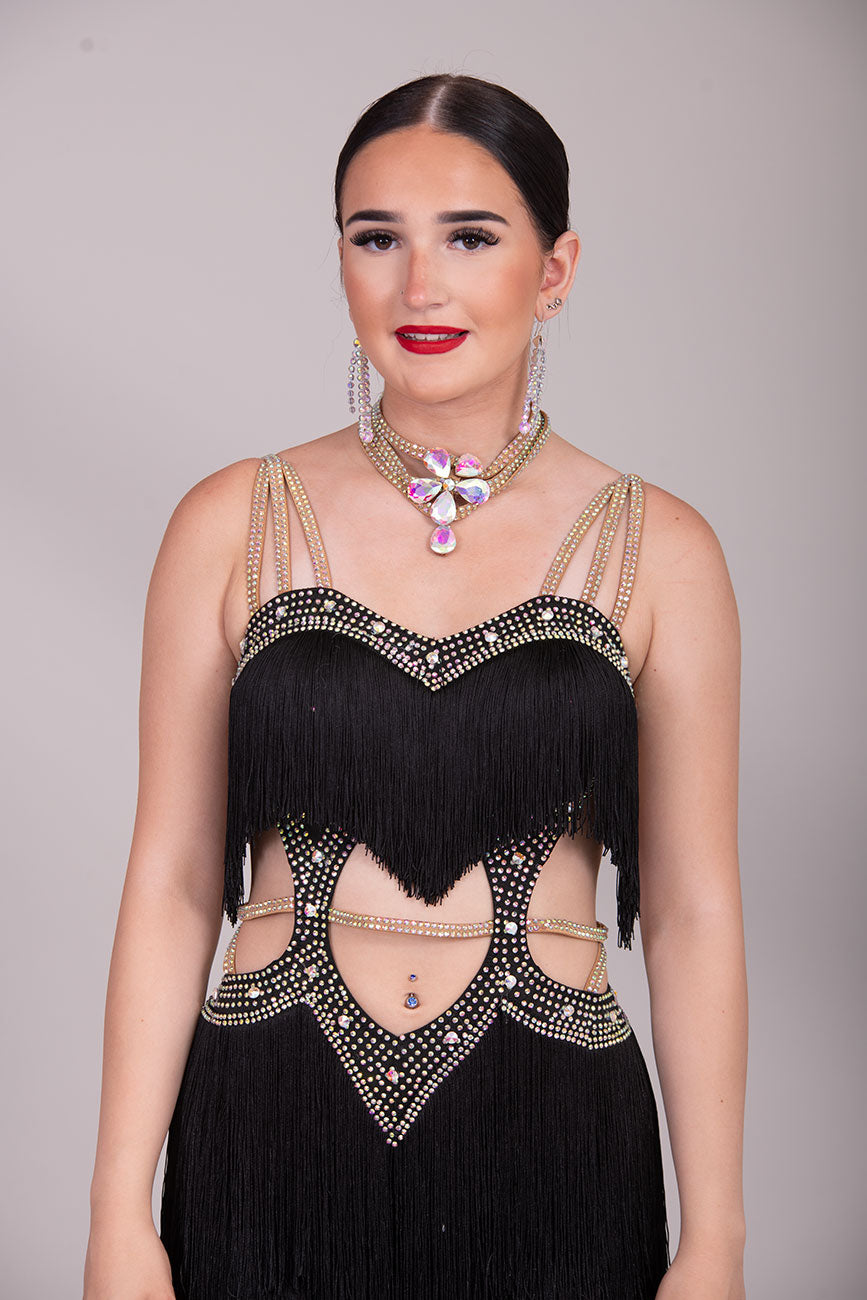 (BUDGET)19 Black Latin Competition Dance Dress.Full Fringed Skirts with shoulder & waist detailing.2 Bangles included.                                     *****Our New Budget Range are Bought in ready made Costumes, with some detail added by TWDance*****