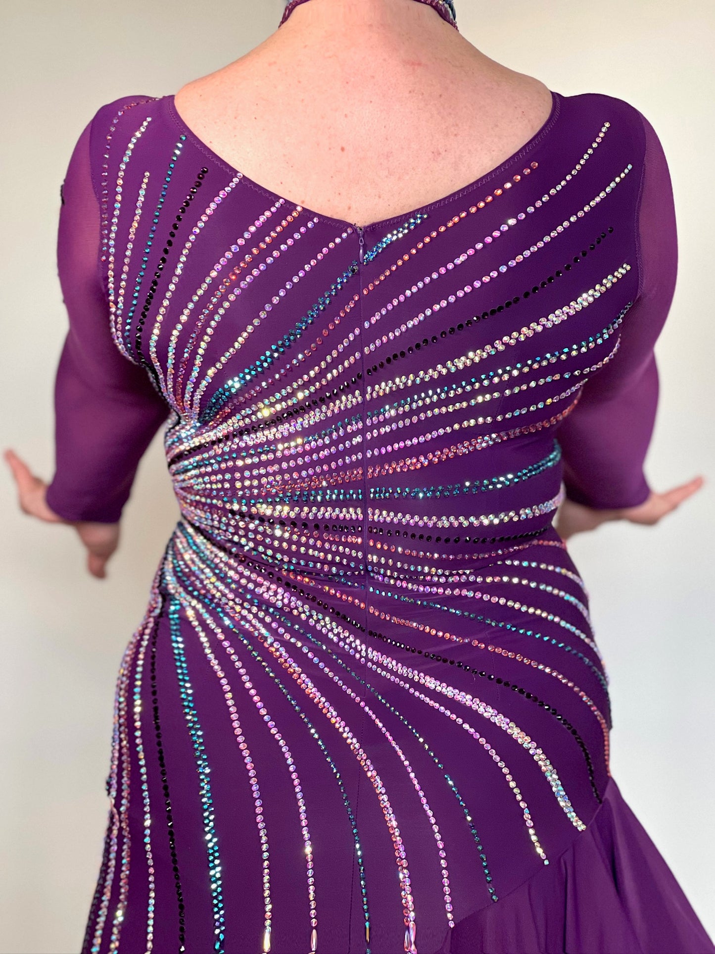 171 Stand Out Striking Plum Latin Dance Dress. Heavily stoned in AB, plum AB & Light aquamarine. Very full frill giving maximum movement. High back giving option to wear own bra.