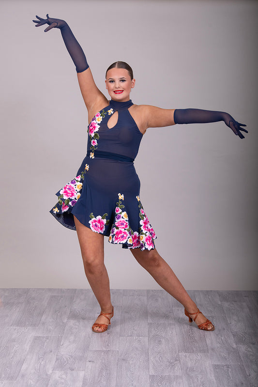 143 Navy blue fine mesh Latin dress with multi coloured Embroidered Floral Appliqués. Keyhole halter neck detail. Unstoned