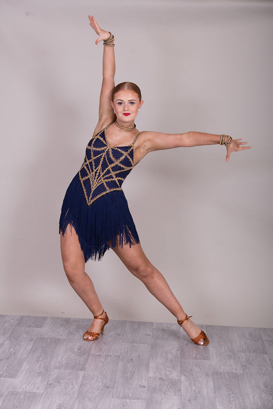 38L Navy Blue & Gold Competition Latin Dance Dress. Very full fringed skirts with full bodice details stoned in Gold