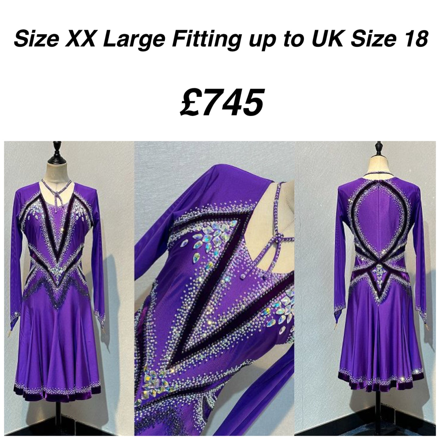 041 Cadbury Purple Competition Latin Dance Dress. Deep purple contrast pattern heavily stoned in AB & Amethyst AB. Bold & Flattering design. Full skirt giving maximum movement.