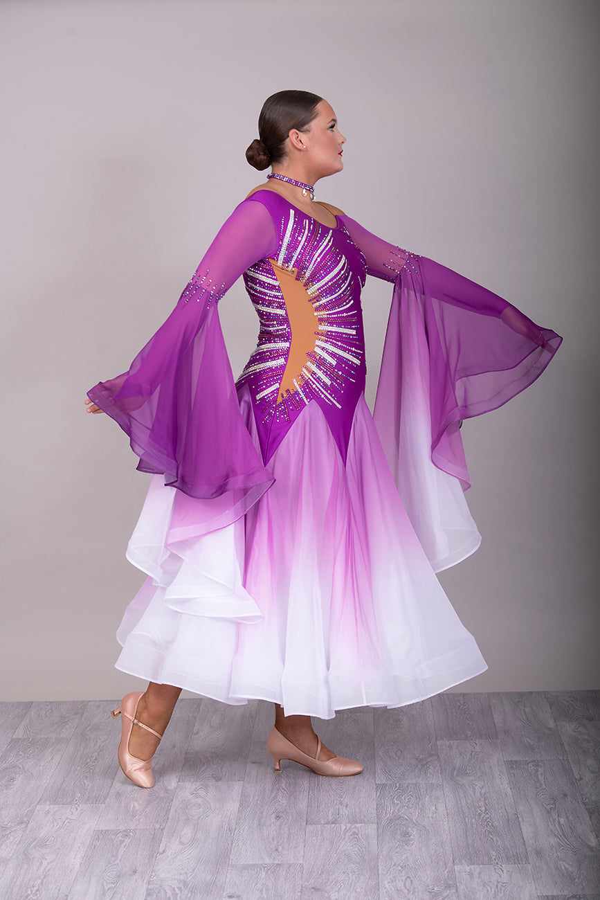 055 Bright Magenta & White Competition Ballroom Dress. Ombré Bell sleeve detail. Stoned in Rose, Rose AB & AB