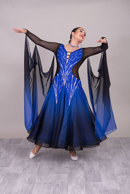 55B Royal Blue & Black Ombre Competition Dance Dress. Stoned in Sapphire, & Crystal. Ombre floats ❤️Showroom Appointments Available❤️