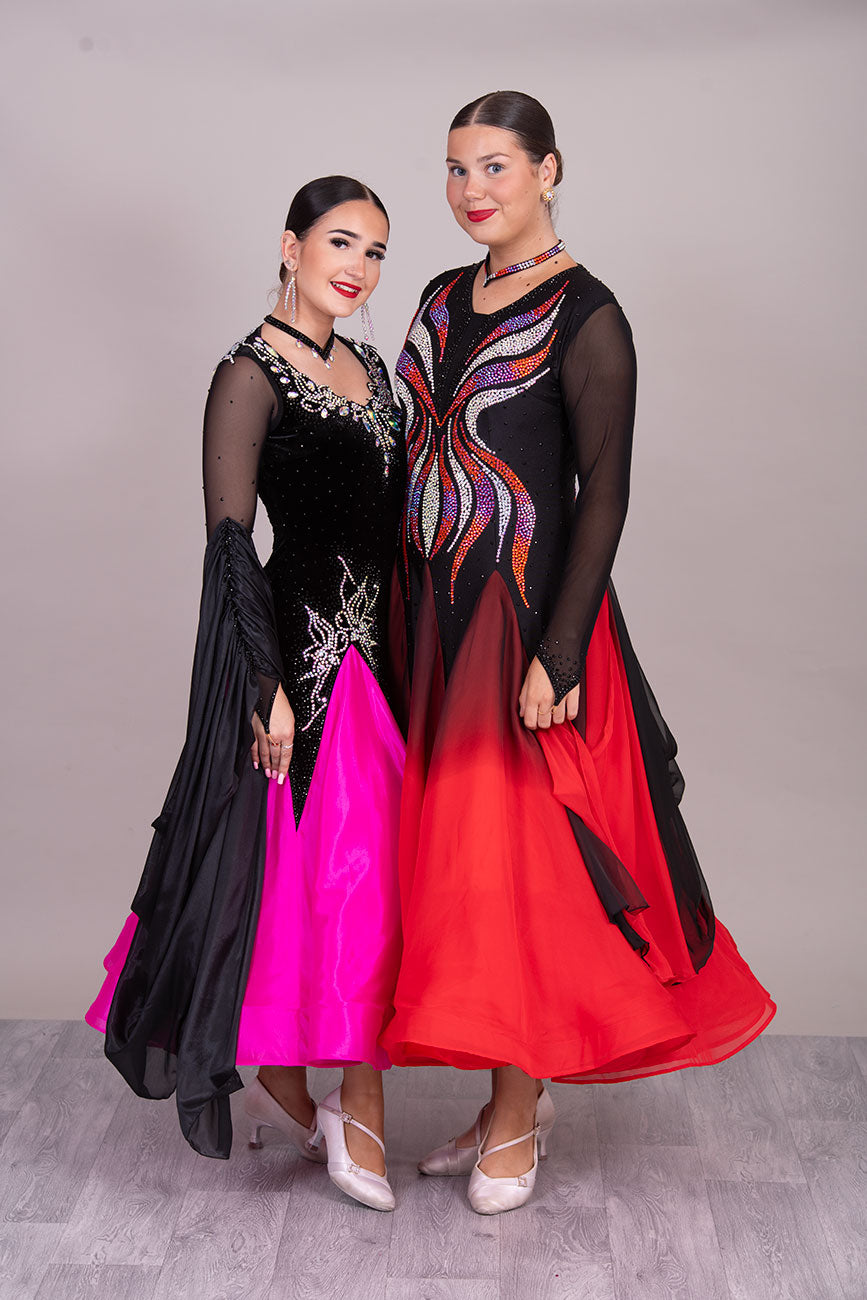 49B Striking Black Velvet & Pink Competition Ballroom Dance Dress. Beautiful stoning pattern in AB & jet. High back giving option to wear own bra. ❤️Showroom Appointments Available❤️