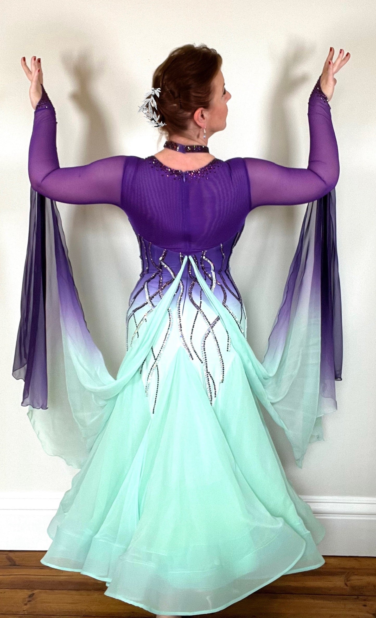 0010 Purple & Mint Green Ombre Competition Ballroom Dress. Stoned in purple, mint green & AB. Ombre Detachable Floats.