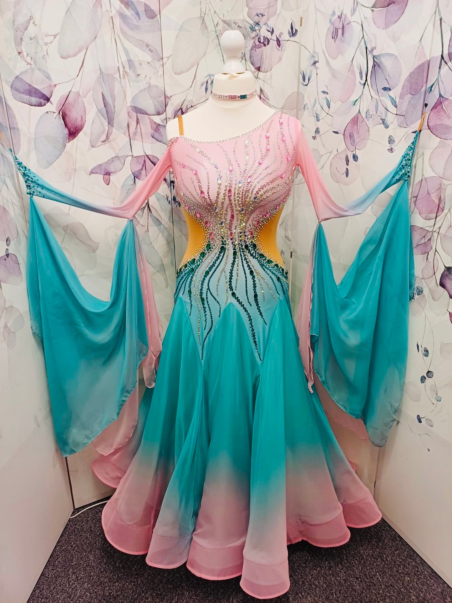 01130 Light Aqua & Baby Pink Ombre Competition Ballroom Dance Dress. Stone with AB & Fuschia. Detachable floats