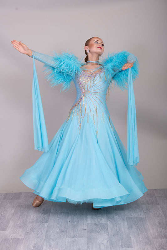 24B “TWD ELITE” New Full Skirts/Underskirts with Ostrich Feather sleeve detail. Stunning back design. Stoned in Crystal Golden Shadow with gold bead droppers. Detachable Floats
