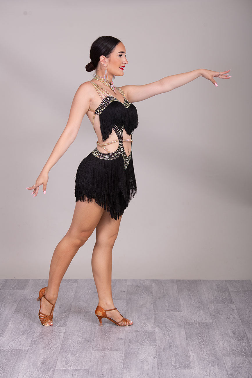 (BUDGET)19 Black Latin Competition Dance Dress.Full Fringed Skirts with shoulder & waist detailing.2 Bangles included.                                     *****Our New Budget Range are Bought in ready made Costumes, with some detail added by TWDance*****