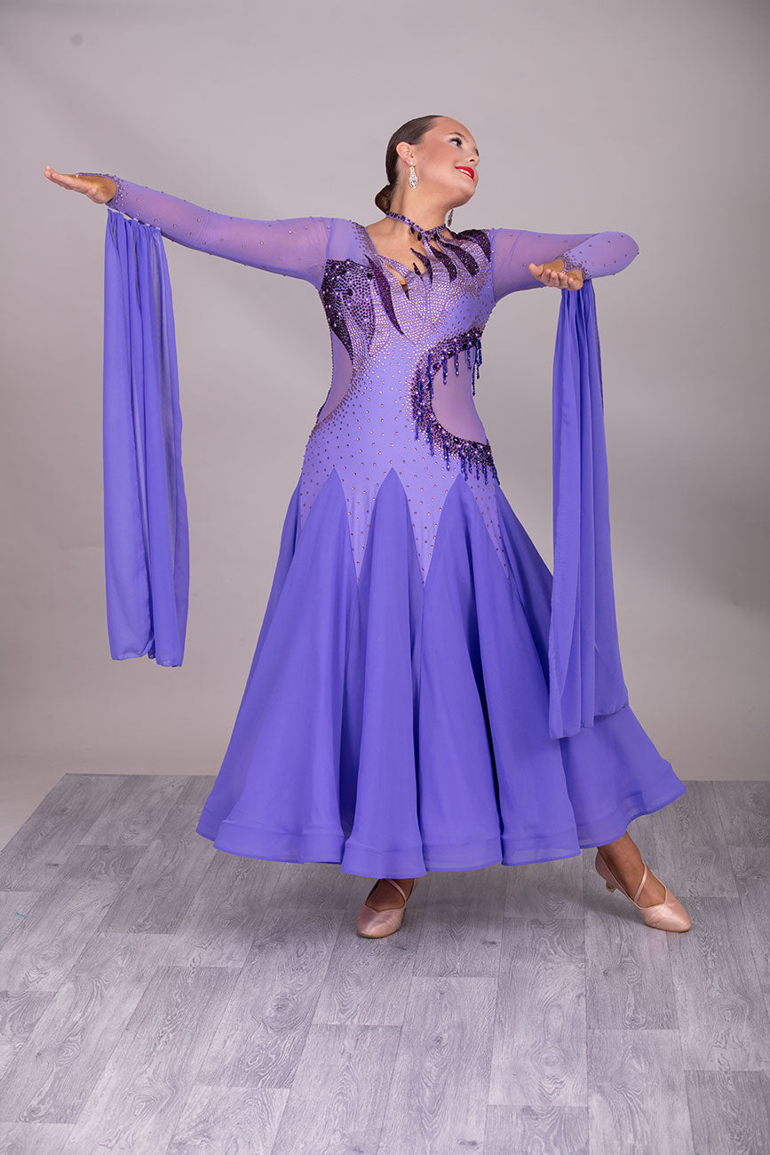 128 Lilac Ballroom Dress with detachable floats. Detailing to the front chest & Back stoned in Amethyst, Light Amethyst & Purple