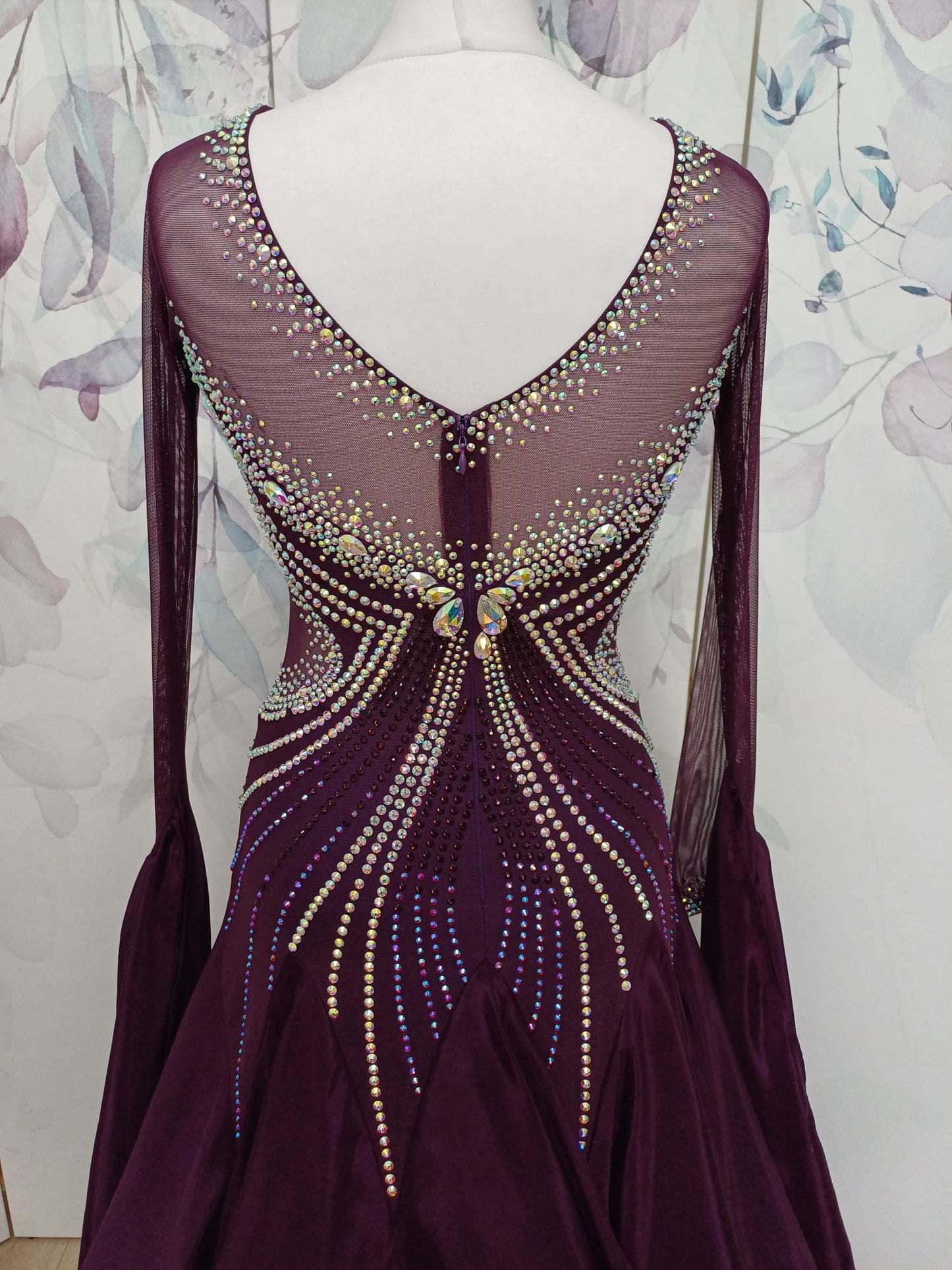 014 Plum Ballroom Dance Dress. Stoned in AB with detachable floats. Plum mesh side panel detailing.