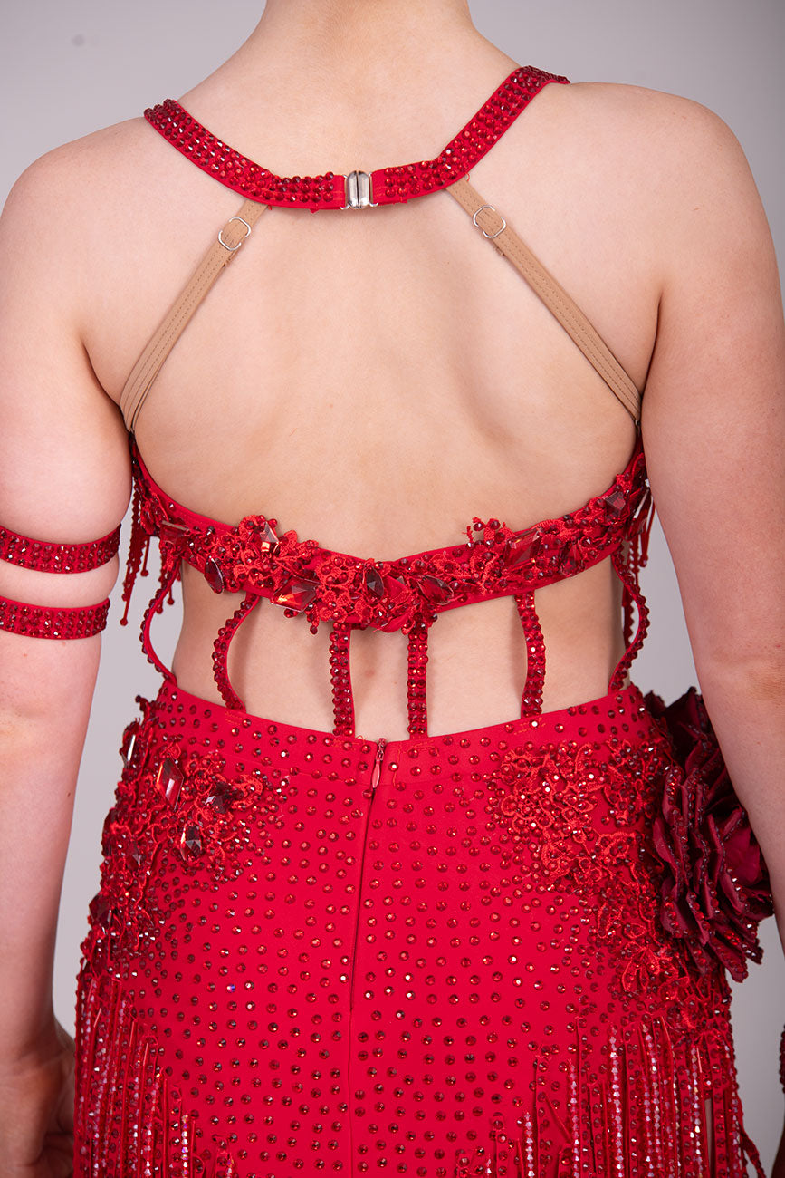 (BUDGET)13 Deep Red Competition Latin Dance Dress. Full of Red stoned fabric tassels & stoned motifs on the Bra style top. Heavily stoned flowers & strap detailing finish the top off. Skirt has flower to the Hip with stoned motifs and fabric strips over.