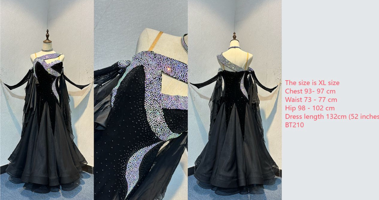 64B Classic Black Competition Ballroom dance dress. Flattering design heavily stoned in AB & Jet. Detachable floats. Satin frill to the front right bodice. Back high enough to wear own bra.