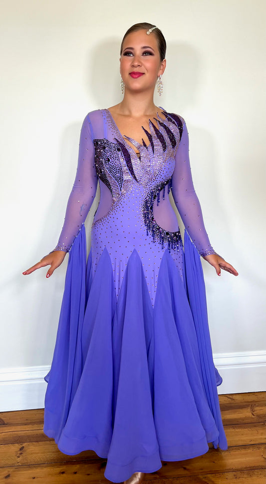 128 Lilac Ballroom Dress with detachable floats. Detailing to the front chest & Back stoned in Amethyst, Light Amethyst & Purple