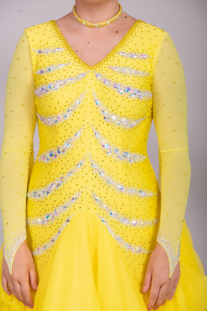 36B Sunshine Yellow Competition Ballroom/Sequence Dance Dress. High Godet at the front giving a flattering tummy look & stone design in AB. High back giving own Bra Options Detachable Floats