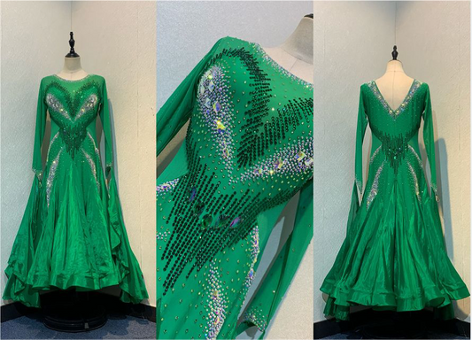 30B “TWD PETITE” Emerald Green Competition Ballroom Dance Dress. Stoned in AB & Emerald. Very flattering design throughout