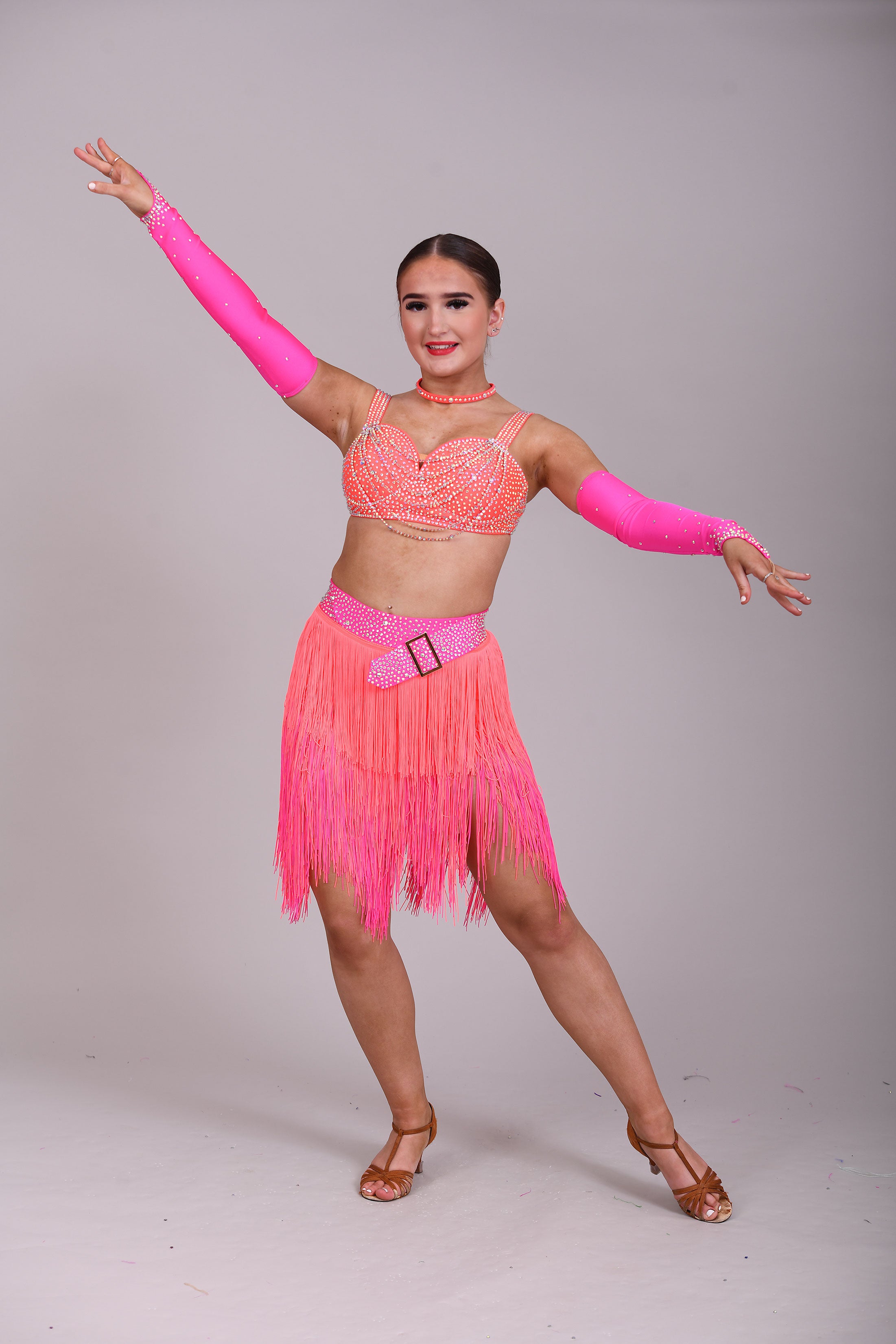 153 Flo Pink & Flo Orange Latin Dance Dress 2 Piece. Comes with separa ...