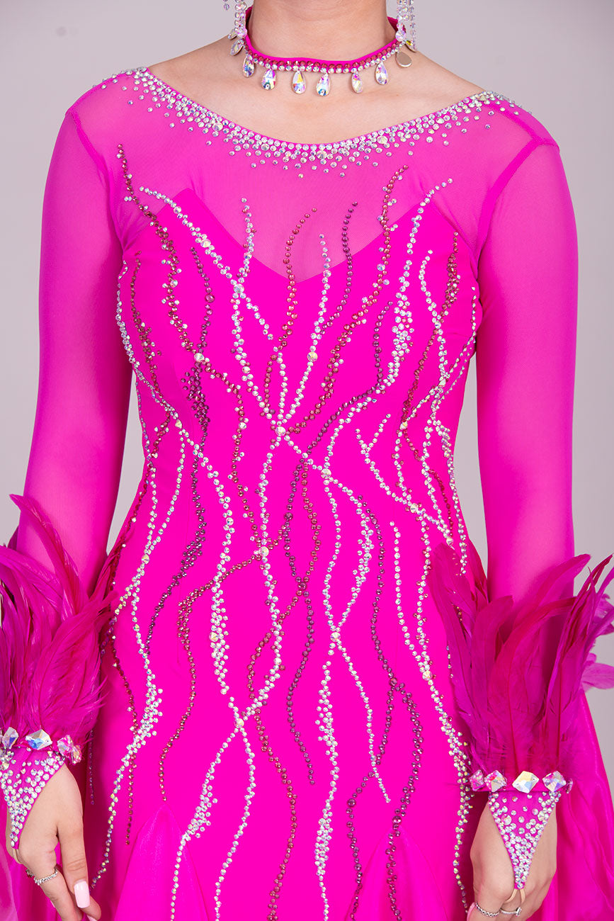 39B TWD PETITE Fuchsia Competition Ballroom/Sequence Dress
Detachable Feather Cuffs & Floats. 
Stoned in Light Rose, Rose & Fuchsia