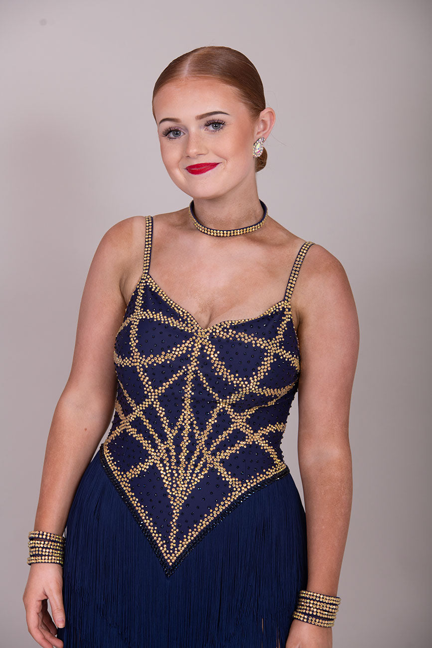 38L Navy Blue & Gold Competition Latin Dance Dress. Very full fringed skirts with full bodice details stoned in Gold