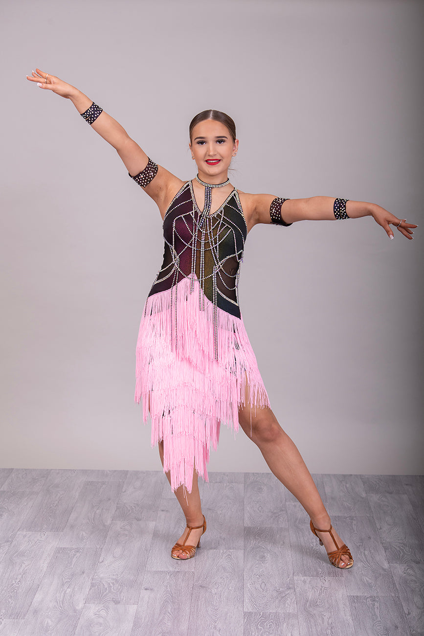 087 Black & Pink layered Fringe Latin Dress. Rainbow metallic bodice with stoned materials drapes & droppers. Backless dress with material droppers.
