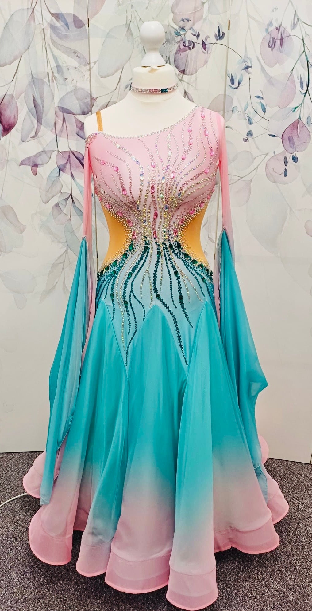 01130 Light Aqua & Baby Pink Ombre Competition Ballroom Dance Dress. Stone with AB & Fuschia. Detachable floats