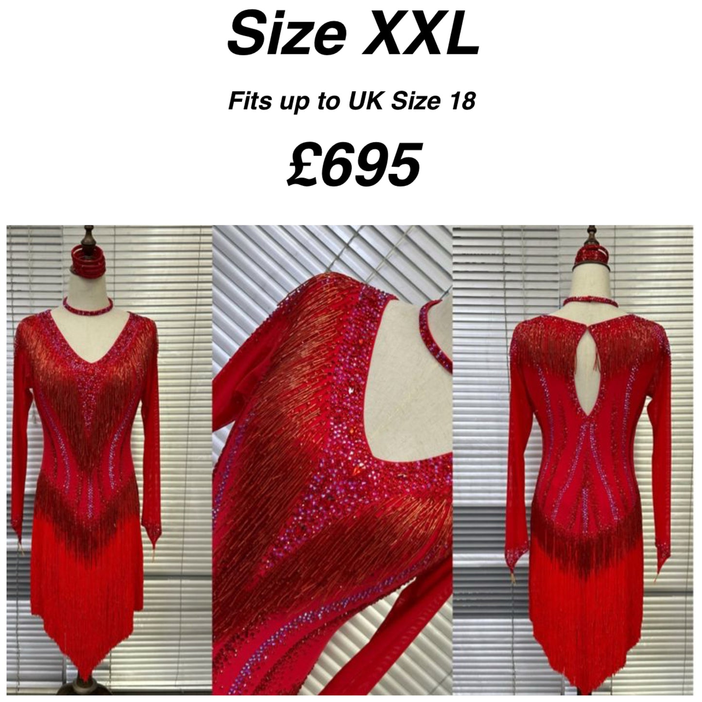 01170 Red Competition Latin Dance Dress. Red Fringe & Bead Droppers heavily stoned in Siam & Siam AB with Keyhole back feature