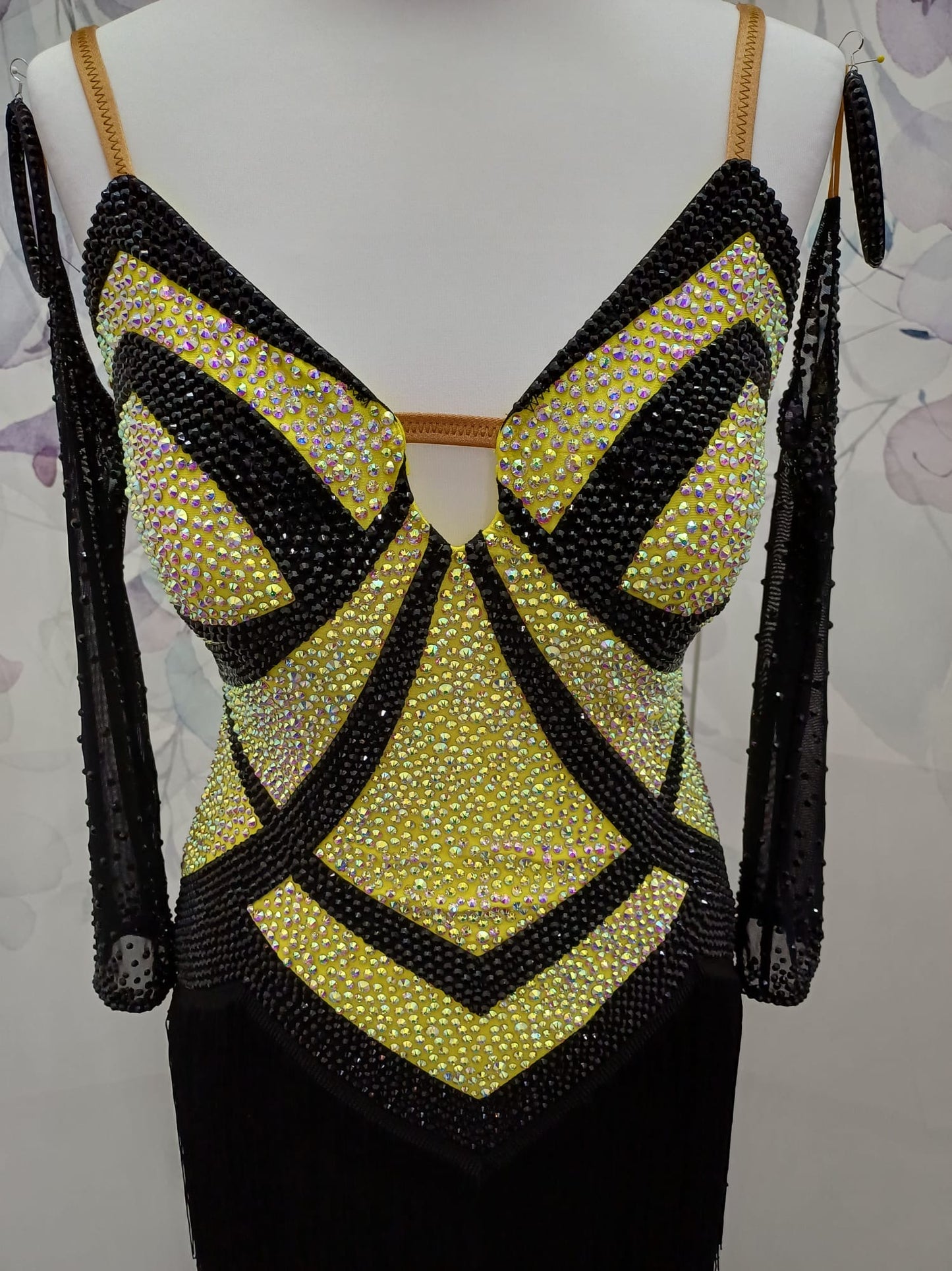 51L Black & Sunshine Competition Latin Dance Dress. Heavily stoned in AB with full fringed skirts. Cones with separate gloves, earring & accessories. ❤️Showroom Appointments Available❤️