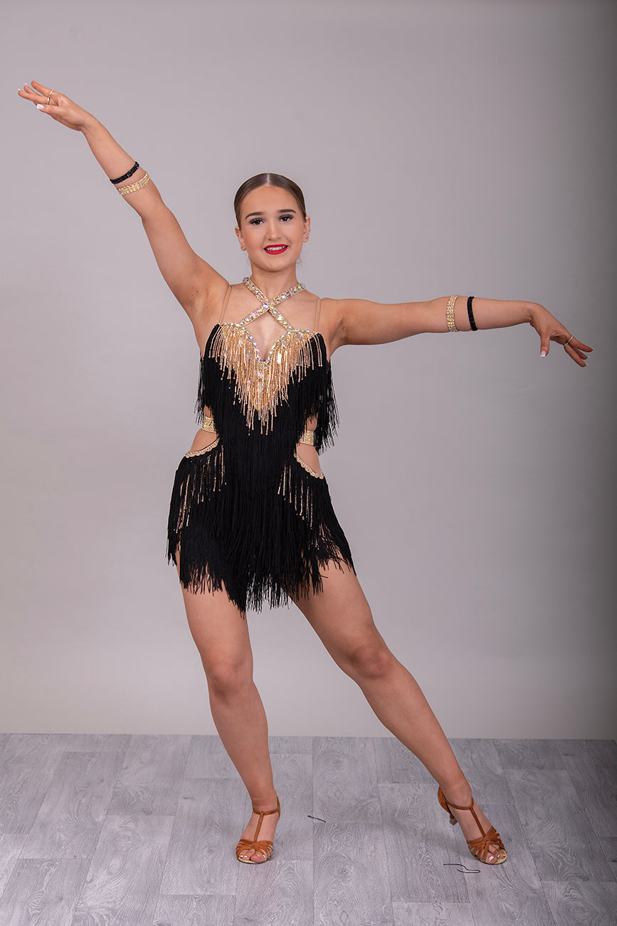 (BUDGET)3 Black & Gold Latin Competition Dance Dress. Full Fringed Skirts. Comes with optional belt & Bracelets                                     *****Our New Budget Range are Bought in ready made Costumes, with some detail added by TWDance*****