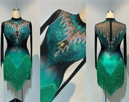 118L TWD ELITE LATIN Competition Latin Dance Dress. Striking Design to front & Back with Ombre Green & Black Lycra Bodice. Full fringed skirts for maximum movement.