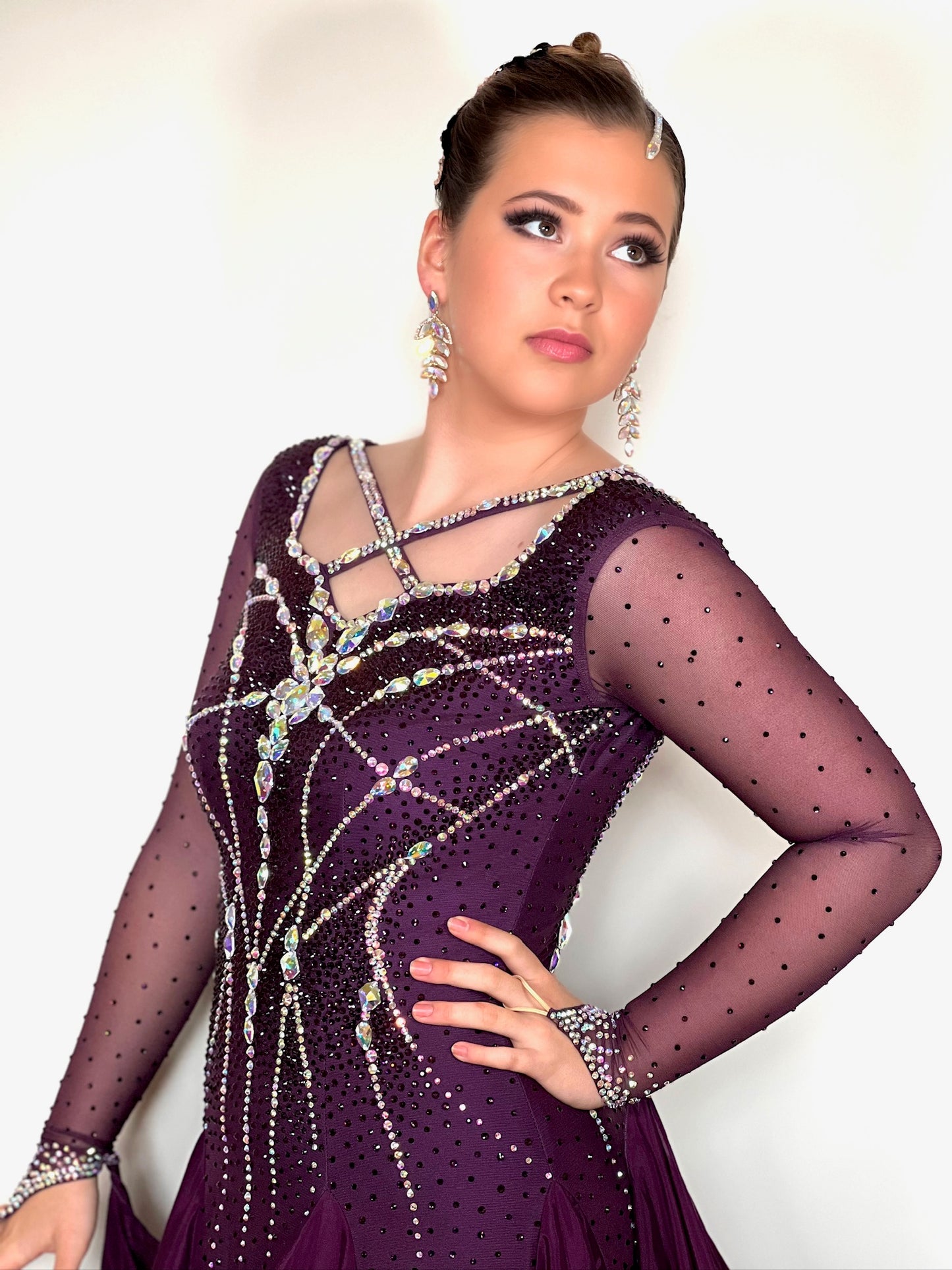 349 Plum Competition Ballroom Dance Dress. Stoned in AB with detailing to the front & back
