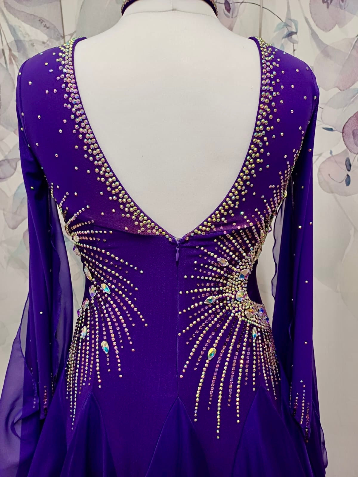 040 Cadbury Purple Competition Ballroom Dance Dress. Flattering & Stunning stoning design throughout in AB. Detachable floats