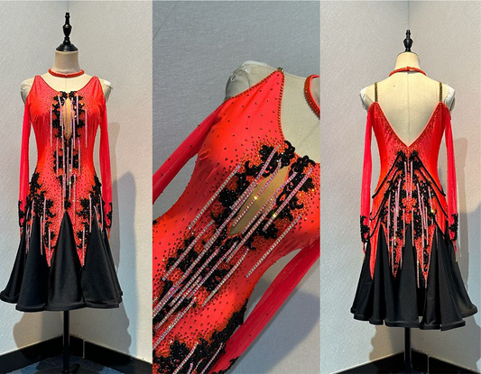 118L Deep Coral & Black Striking Competition Latin Dance Dress. Cold Shoulder Sleeves with stunning motif & stone detail
