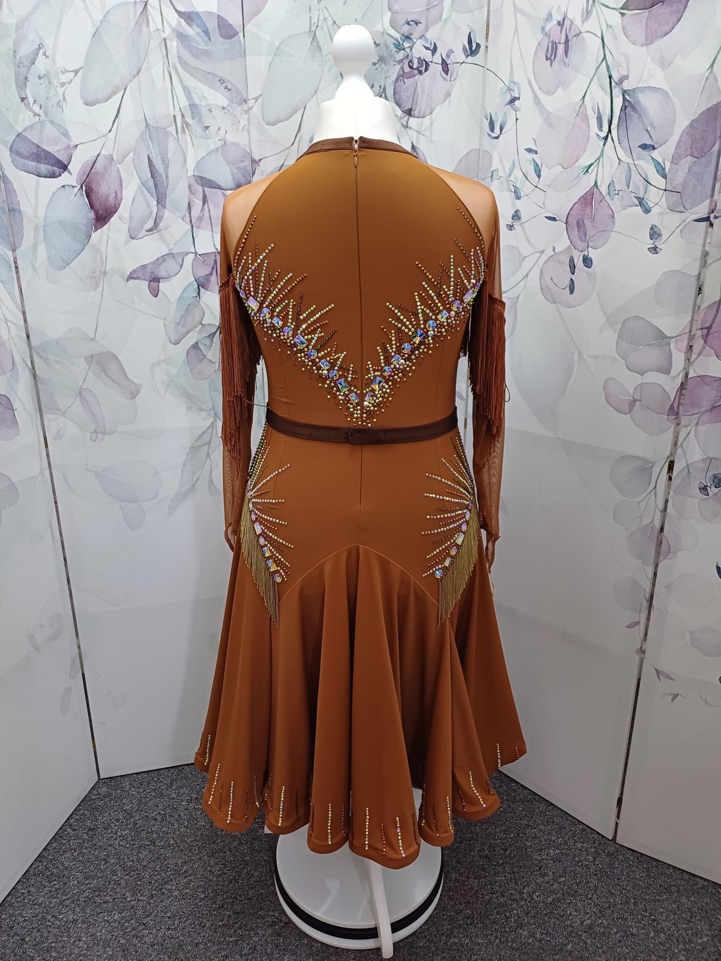 43L Classy Tan & Gold with Chocolate accents Competition Latin Dance dress .Stoned in Chocolate & AB. High back with mesh on Lycra detail giving option to wear own bra. ❤️Showroom Appointments Available❤️