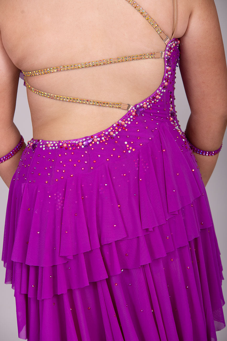 131L BUDGET (20) Hot Magenta Competition Latin Dance Dress. Mesh panelling for full movement. Stoned in Rose, light rose & AB ❤️Showroom Appointments Available❤️