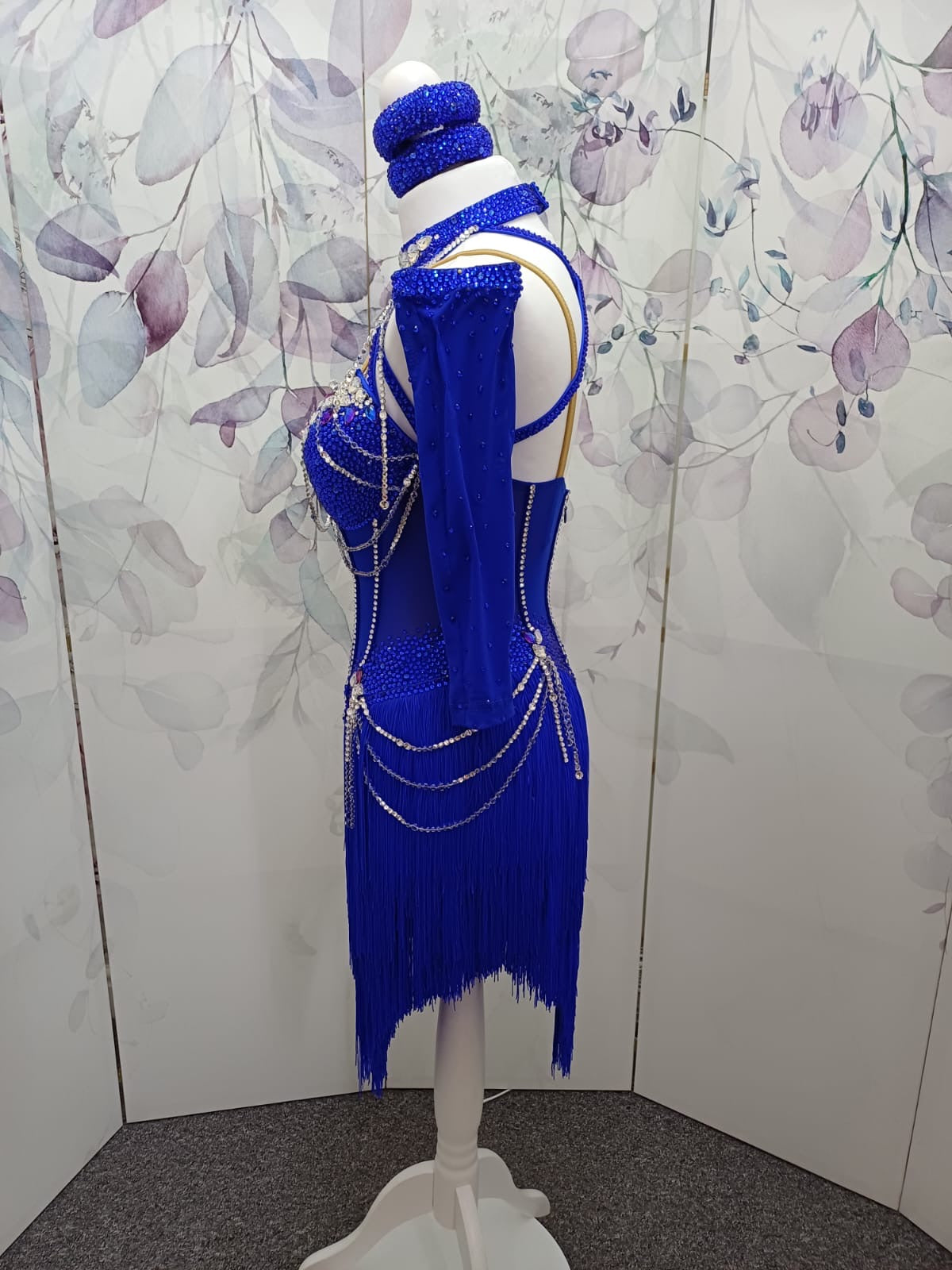 55L TWD ELITE Cobalt Blue Competition Latin Dance Dress. Stunning detailing throughout. Heavily stoned in Sapphire & AB. Cones with Stoned gloves & Accessories. ❤️Showroom Appointments Available❤️