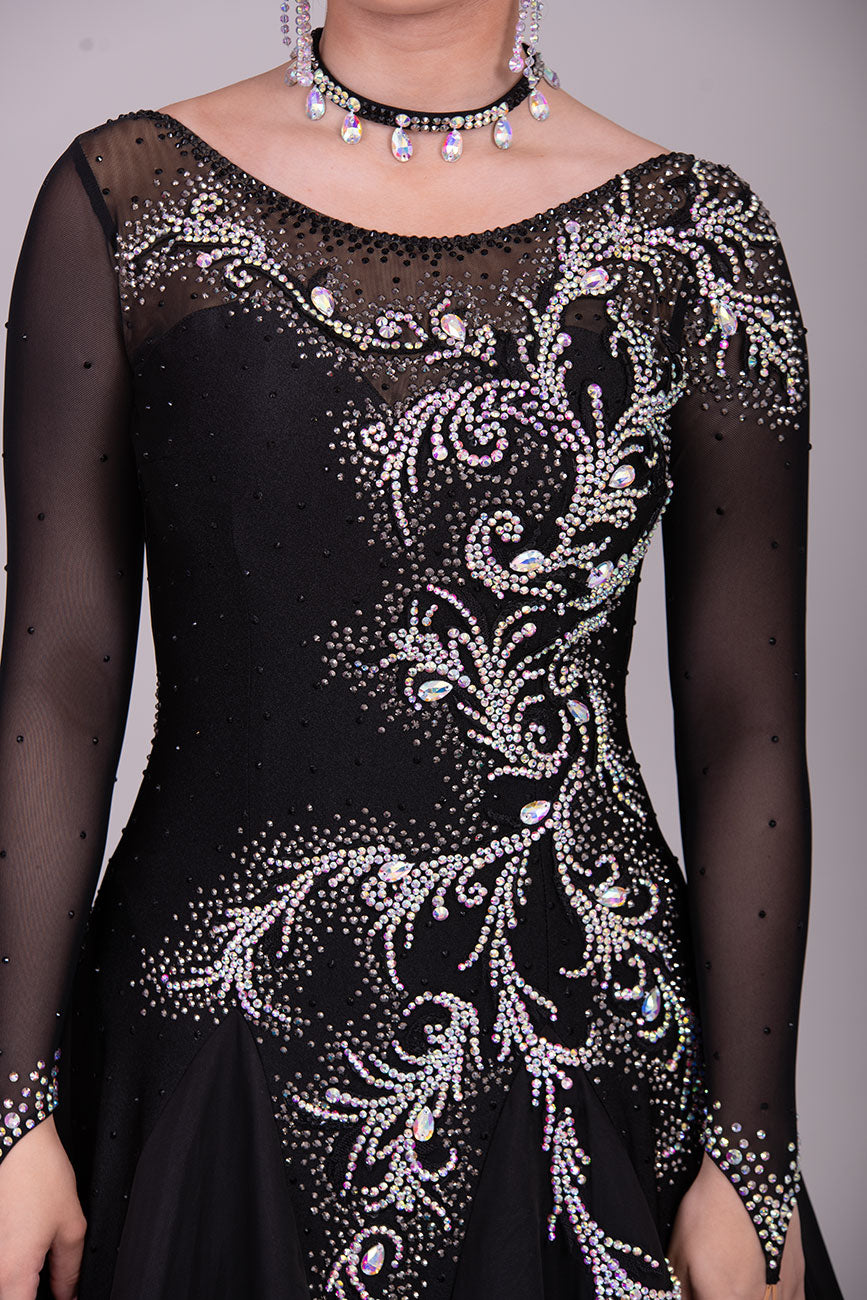 42B TWD PETITE Black Competition Ballroom/Sequence Dress. Striking Motif & Stone Design all over. 
Heavily Stoned in AB & jet❤️Showroom Appointments Available❤️