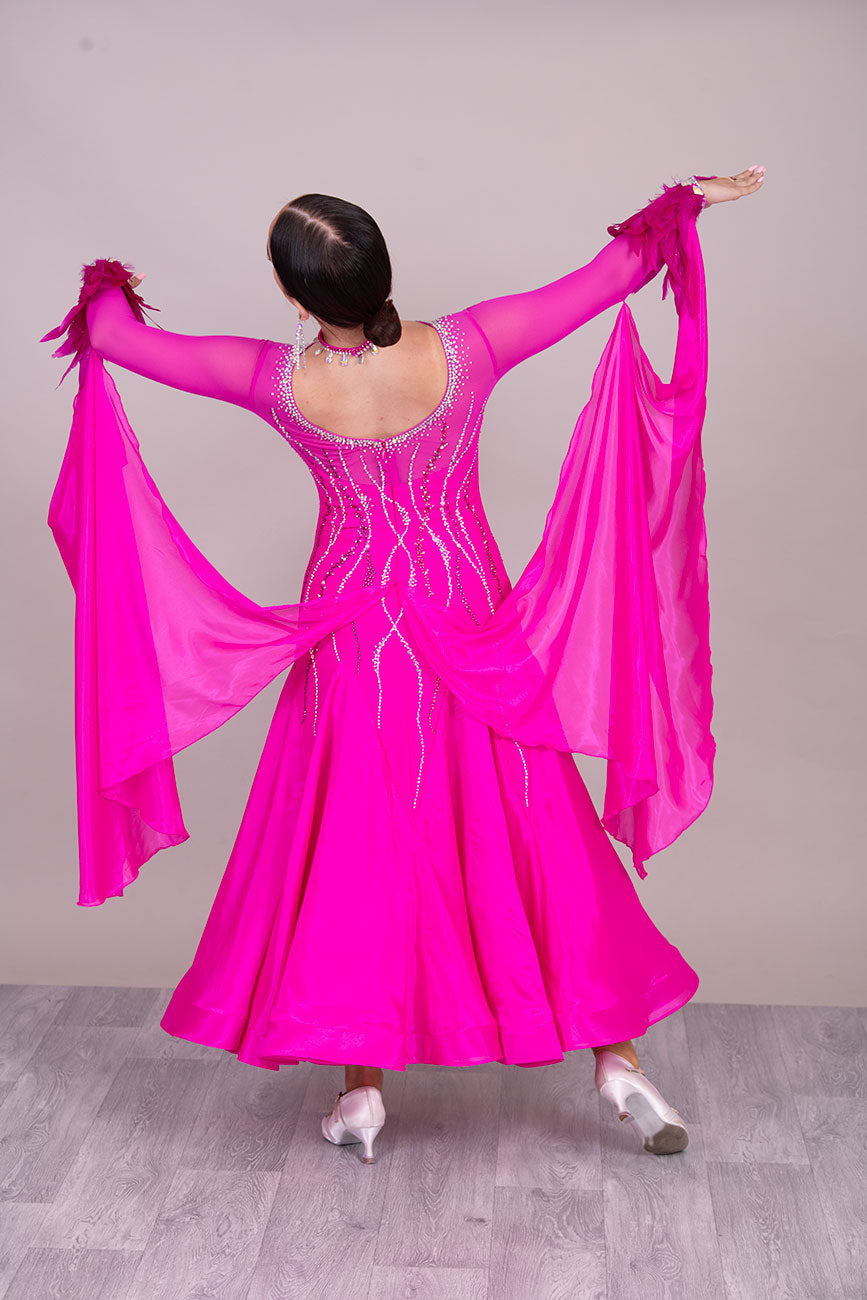39B TWD PETITE Fuchsia Competition Ballroom/Sequence Dress
Detachable Feather Cuffs & Floats. 
Stoned in Light Rose, Rose & Fuchsia