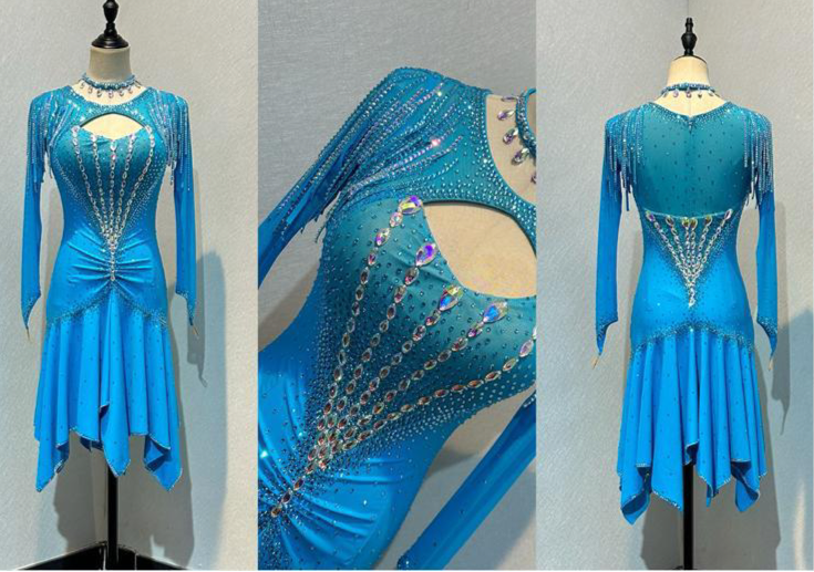 130L Turquoise Blue Competition Latin Dance Dress. High back giving option to wear own Bra. Hip rouched & corset style detail to upper chest. Stoned in AB & Light Sapphire. ❤️Showroom Appointments Available❤️