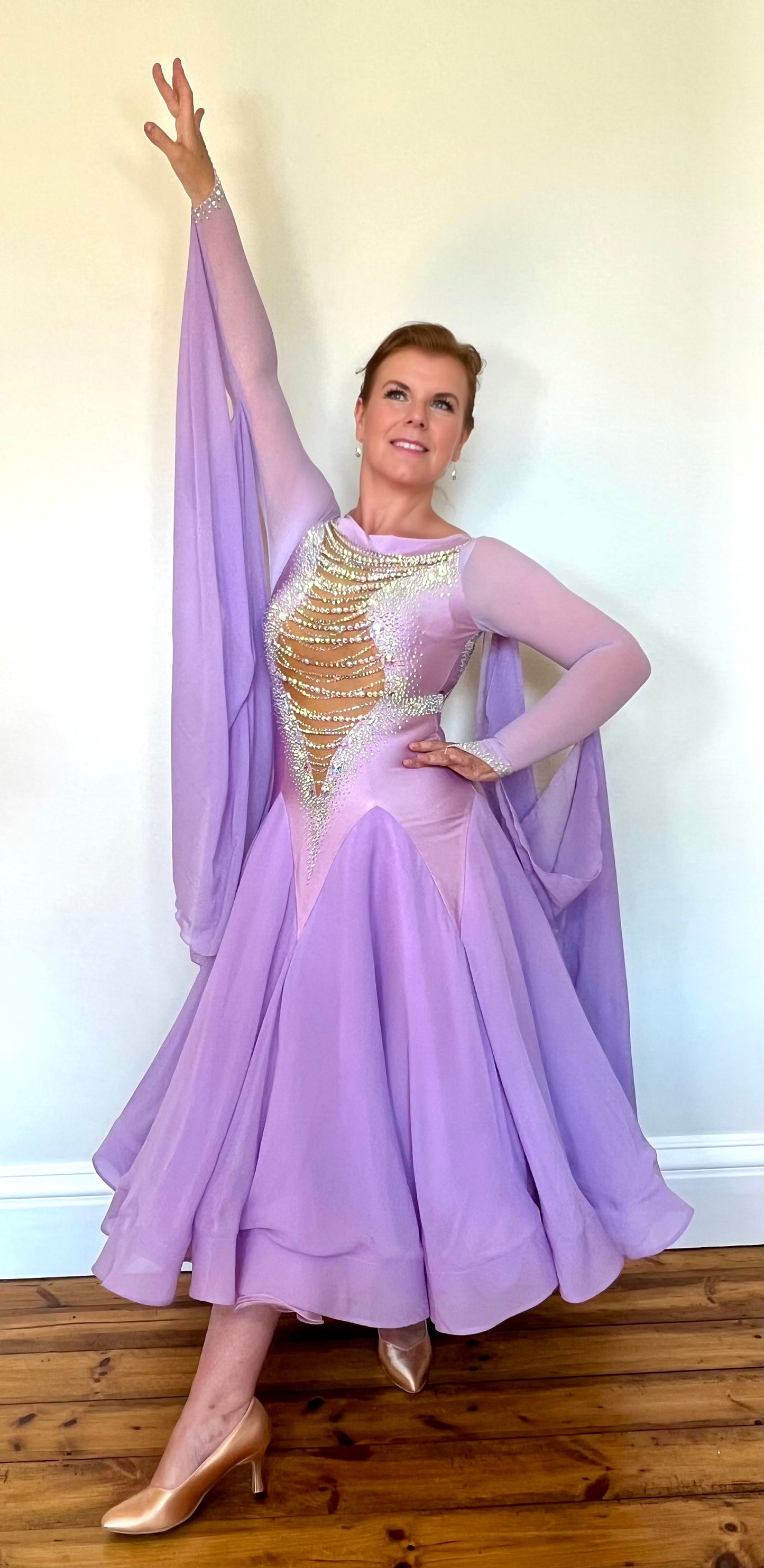 035 Lilac & Tan Ballroom Dress. Decorated in AB stones and pearl beading detail to the front & back
