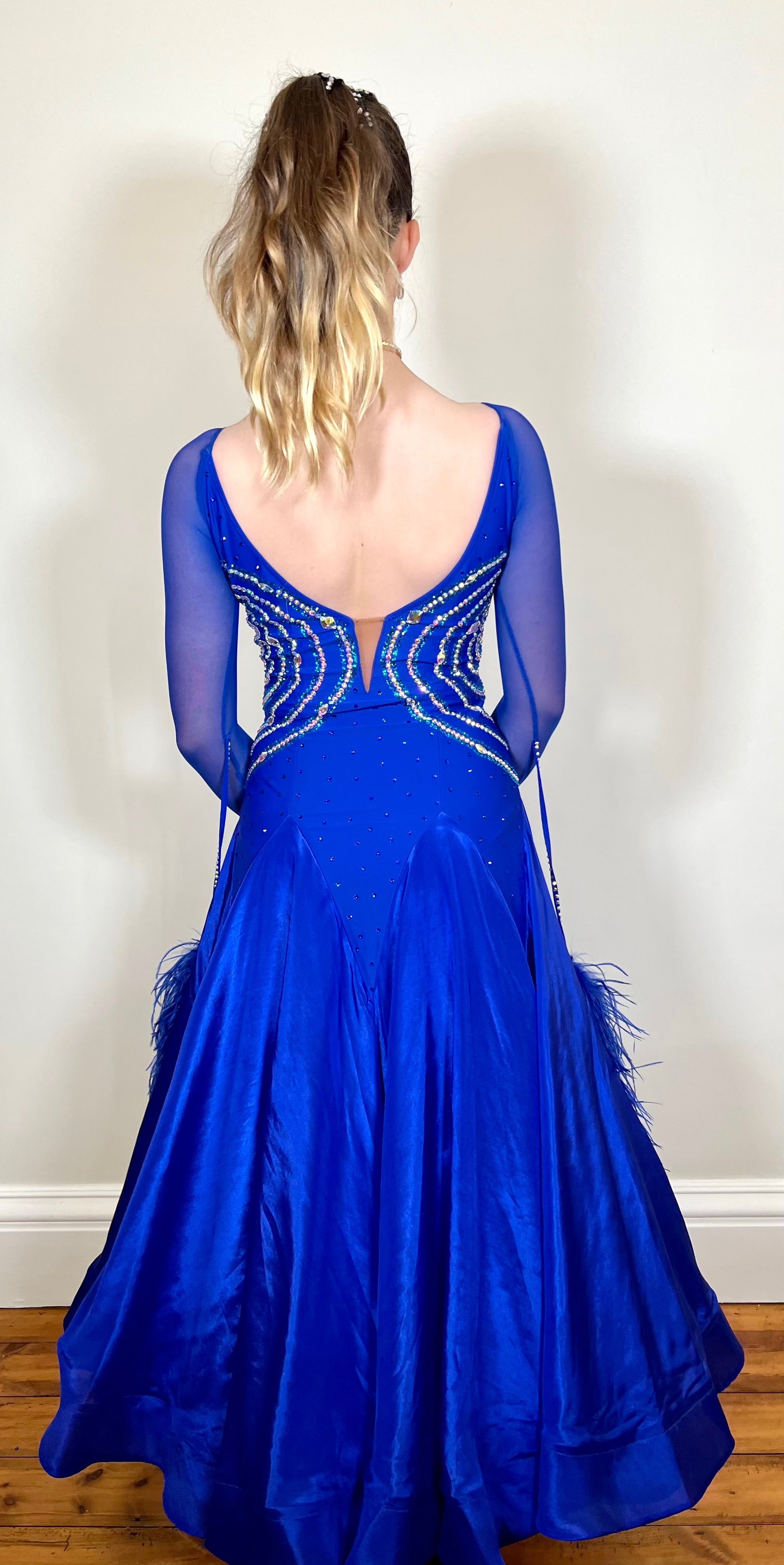 009 Bright Royal Blue Ballroom Dress. Blue AB stoning detail with material stoned ostrich feather floats