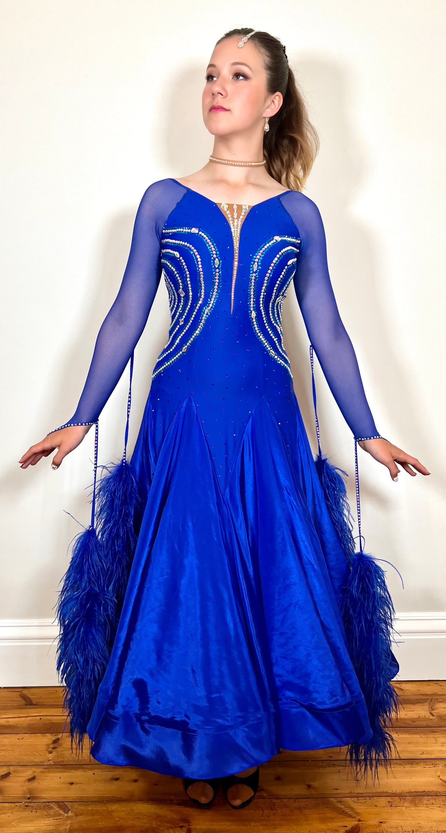 009 Bright Royal Blue Ballroom Dress. Blue & AB stoning detail with material stoned & ostrich feather floats