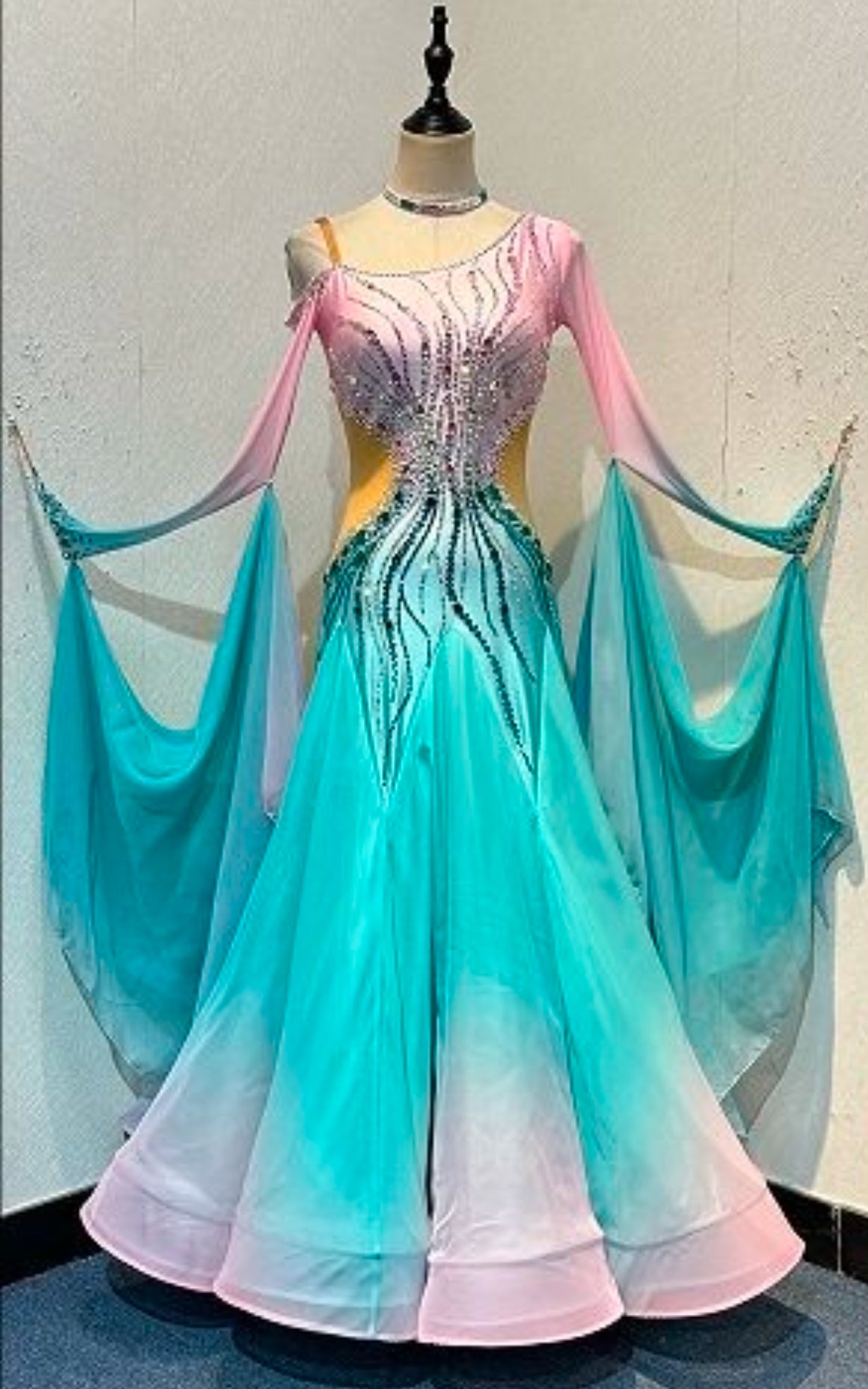 01130 Light Aqua & Baby Pink Ombre Competition Ballroom Dance Dress. Stone with AB & Fuschia. Detachable floats