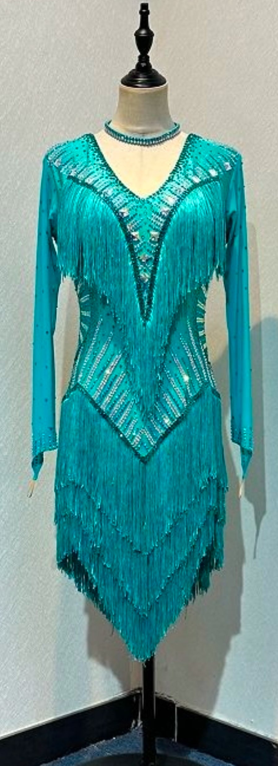 01180 Stunning pretty Green Competition Latin Dance Dress Heavily stoned in AB & Blue Zircon with high back to give option of wearing own Bra