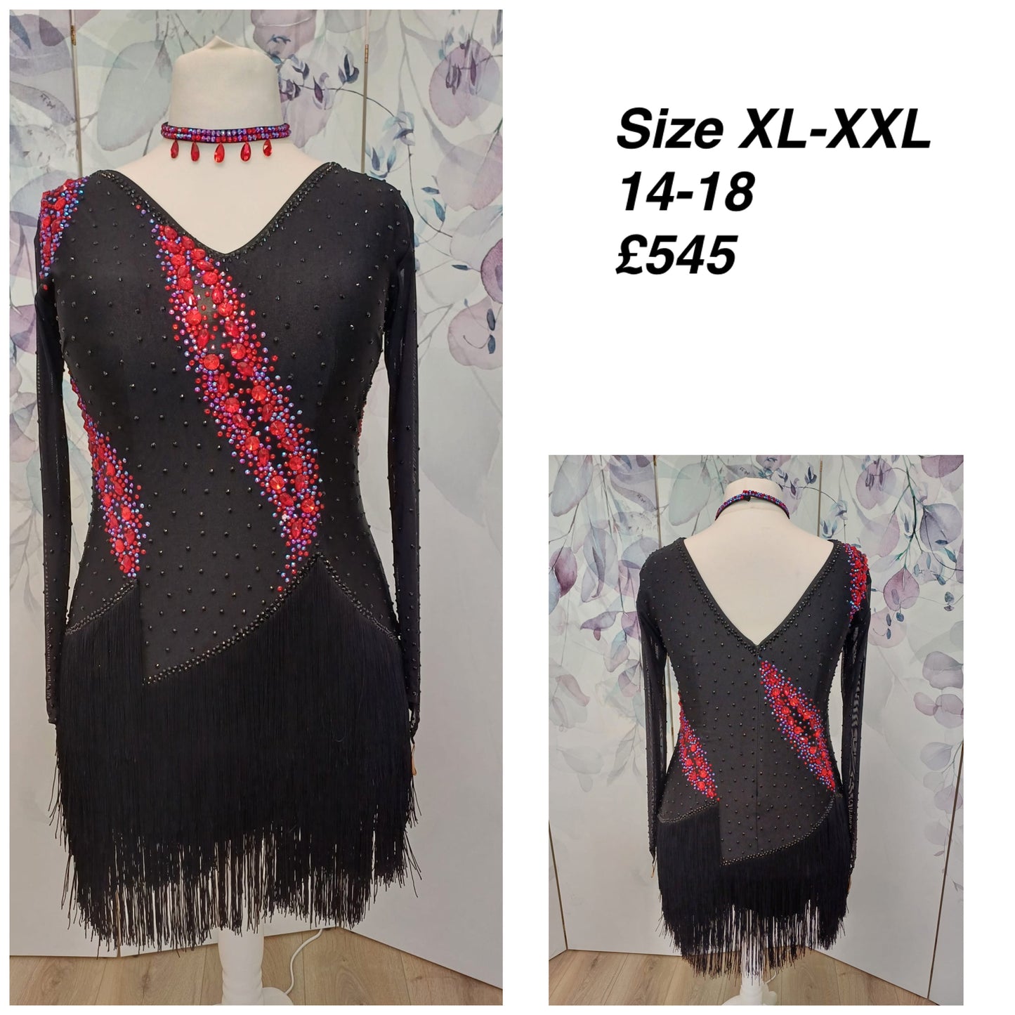 283 Black & Fuschia Pink Latin Dance Dress. Black Fringe detailed skirt design. Stoned in Red, Red AB & Jet. High back to wear own bra if needed.