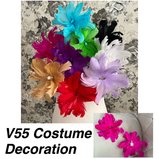 V55 8”x8” Feather Decoration. Pin & clip option on the back. Instant decoration to any Leotard/Costume.  17x28mm top quality pear stone in the centre of the feathers.