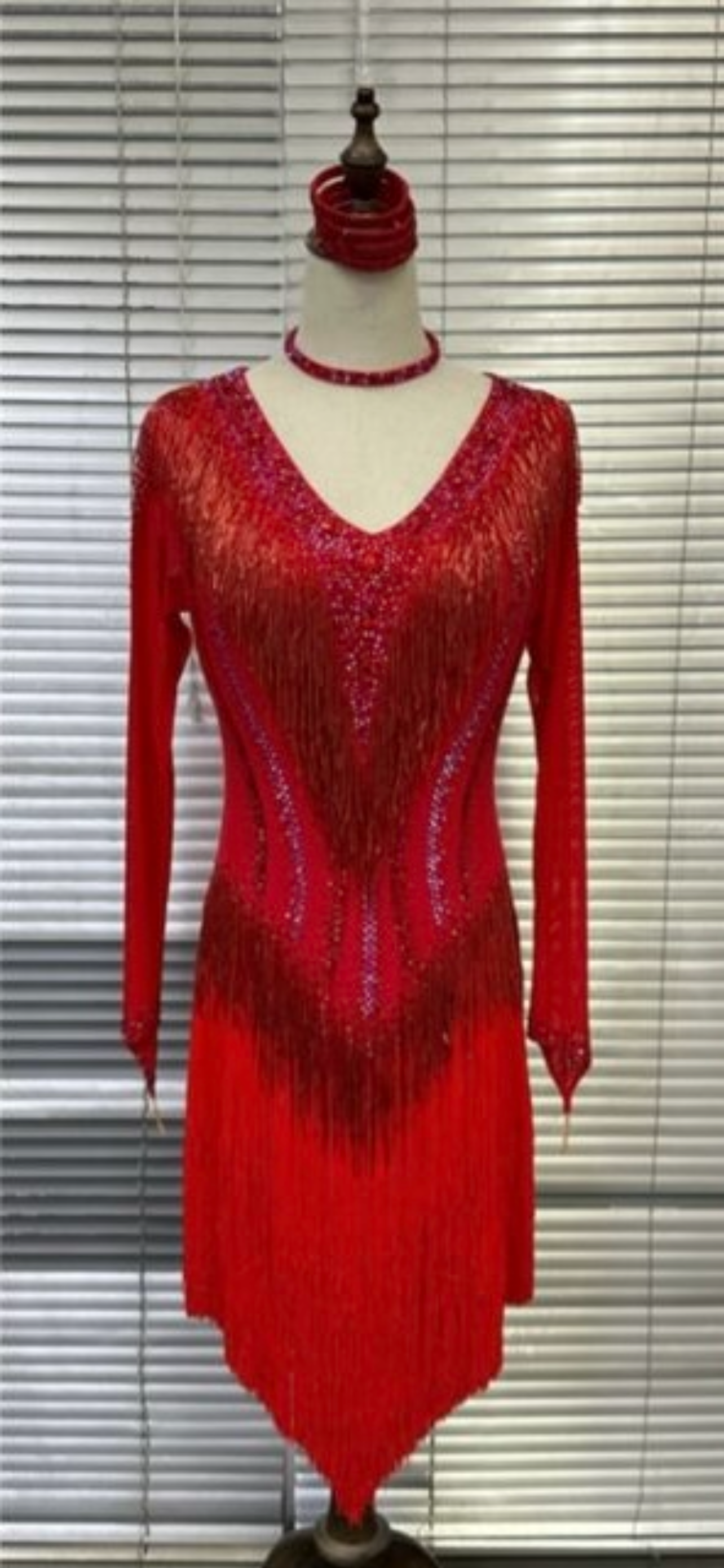 01170 Red Competition Latin Dance Dress. Red Fringe & Bead Droppers heavily stoned in Siam & Siam AB with Keyhole back feature