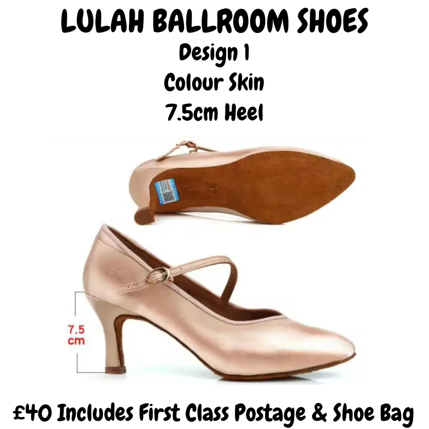 (1) TWD “LULAH” Ballroom Shoes. Flesh Colour, 7.5cm Heel Diamanté Buckle Detail. Shoes come Boxed & Includes a “Black Shoe Bag”plastic feet protectors to try Shoes for Size, Fit & Comfort. Suitable Wide Fit +1 size up