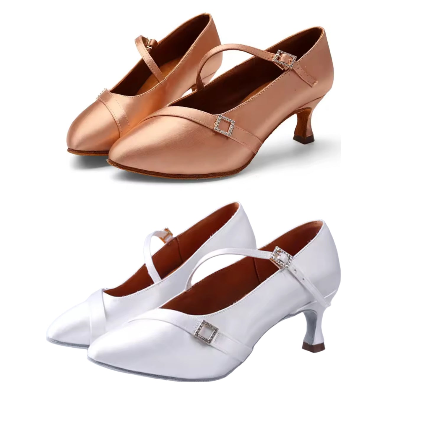 (11) TWD “LULAH” Ballroom Shoes. Flesh Skin Satin with 5.5cm Heel Diamanté Strap & Buckle. Shoes come Boxed Includes a “Black Shoe Bag” pair of plastic feet protectors to try Shoes on for Size, Fit & Comfort.