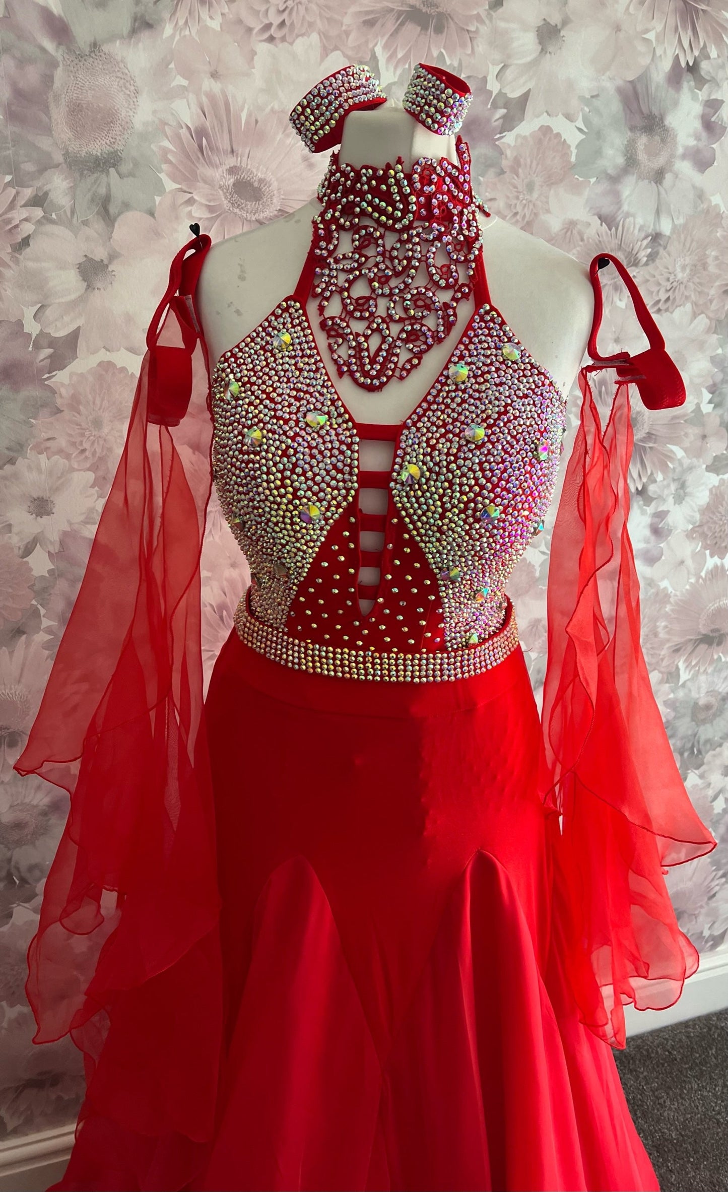 025 Red Latin Dress with Red Motif & AB stones. Ballroom Skirt with x4 arm floats and AB stoned belt