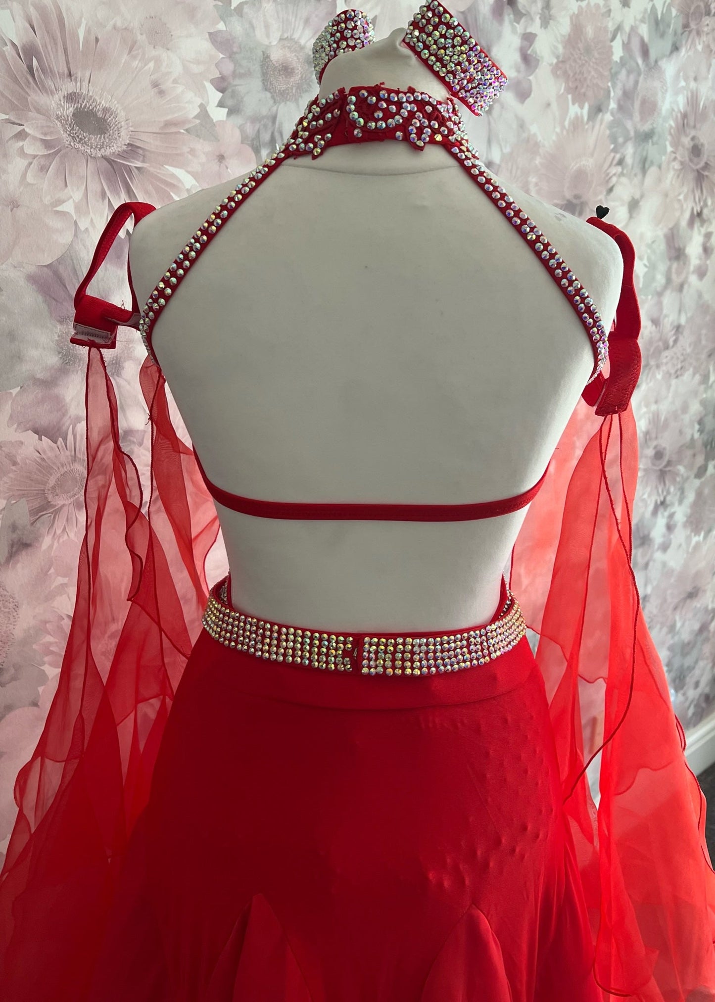 025 Red Latin Dress with Red Motif & AB stones. Ballroom Skirt with x4 arm floats and AB stoned belt