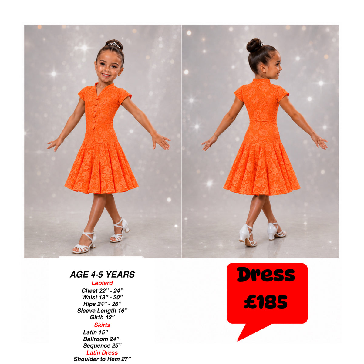 139J Bright Orange Lace 1 Piece Latin Dress. Competition Number Wallet & Decorative Pins & Matching Hair Flower **Everything included in Price when full set purchased** (Copy)